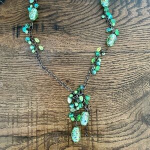 Murano Style Green Glass Charm Necklace w/ Leaf Beads & Cluster Drop